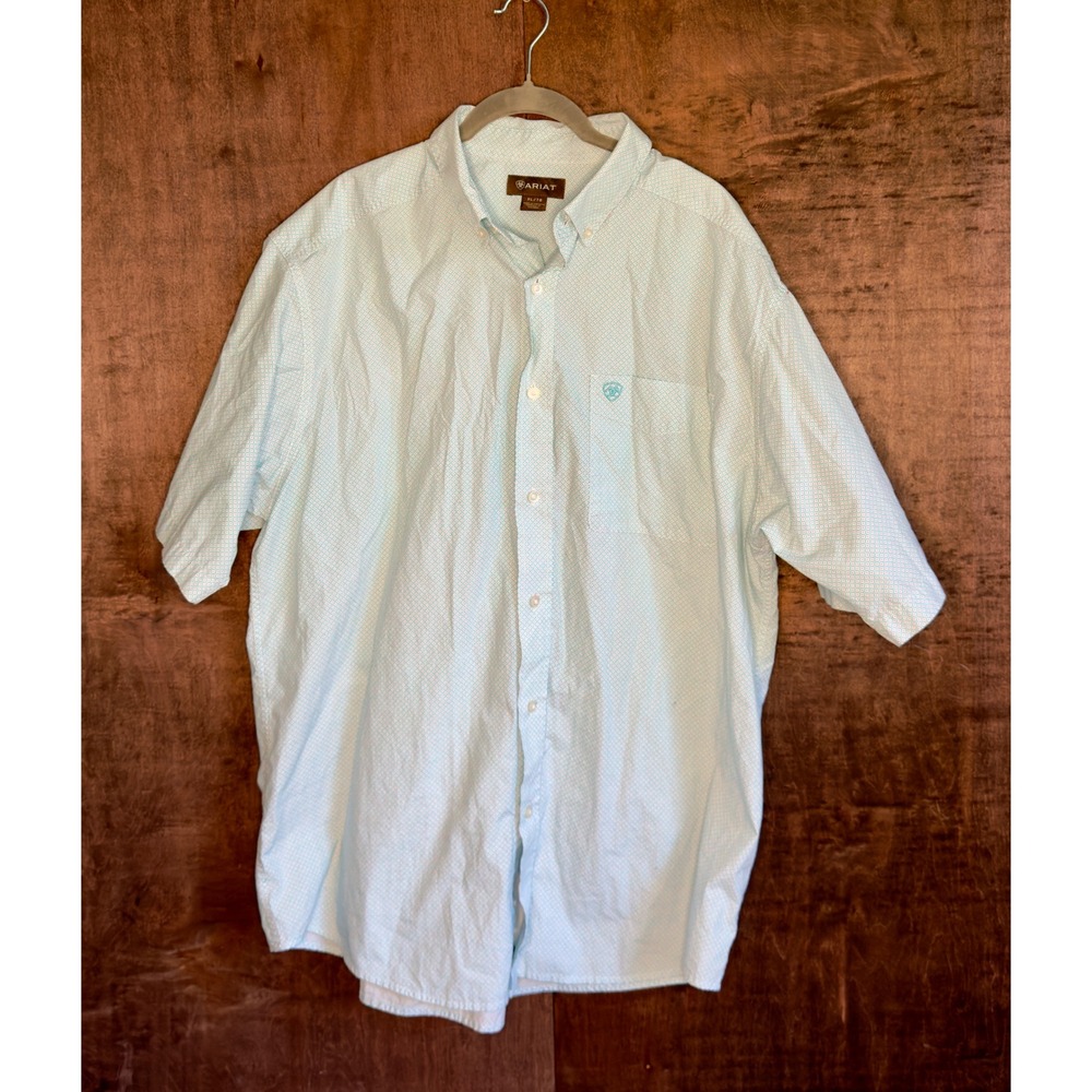 Ariat Mens XL Tall Light Blue White Micro Print Short Sleeve Button Down Shirt
